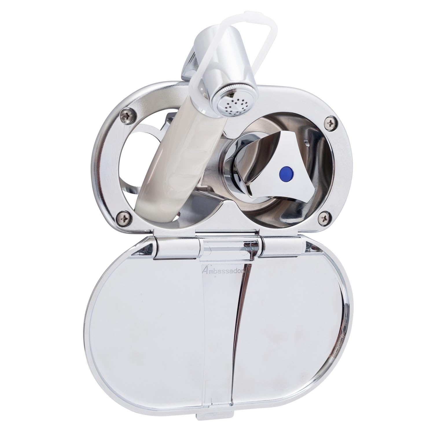 Ambassador Marine Trinidad- Transom Shower (Cold Only), Chrome Cup & Lid, Hammer-Head Warm White Sprayer, 6' Stainless Steel Hose, Chrome Trinidad Handle - 136-0216-CW-W