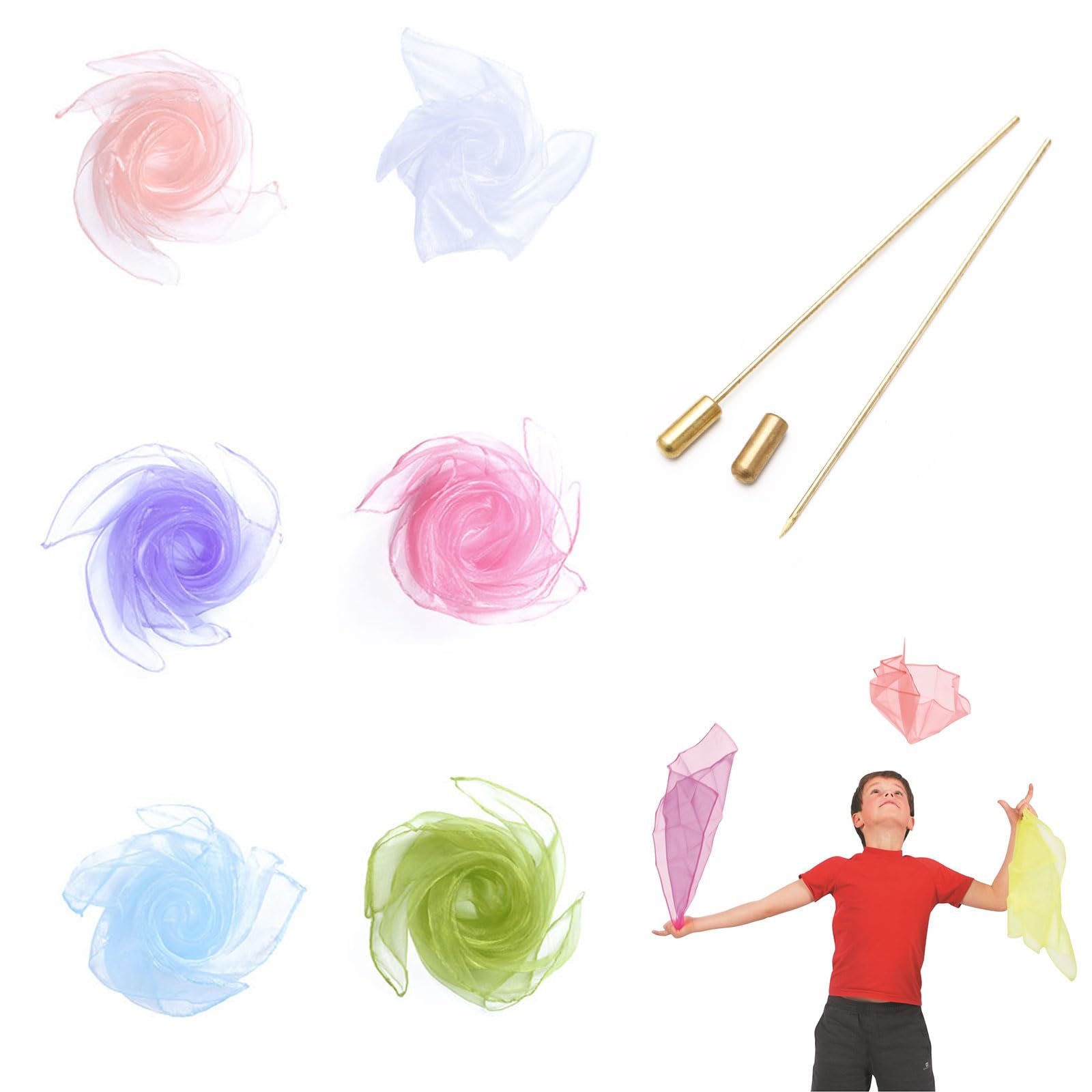 Pañuelos de Baile, Pañuelos de Malabares, Pañuelos Colores para Niños, Pañuelos de Gasa, Multicolor Pañuelos de Baile para Fiestas Infantiles y Juegos Malabares 60x60cm, 6 Pcs