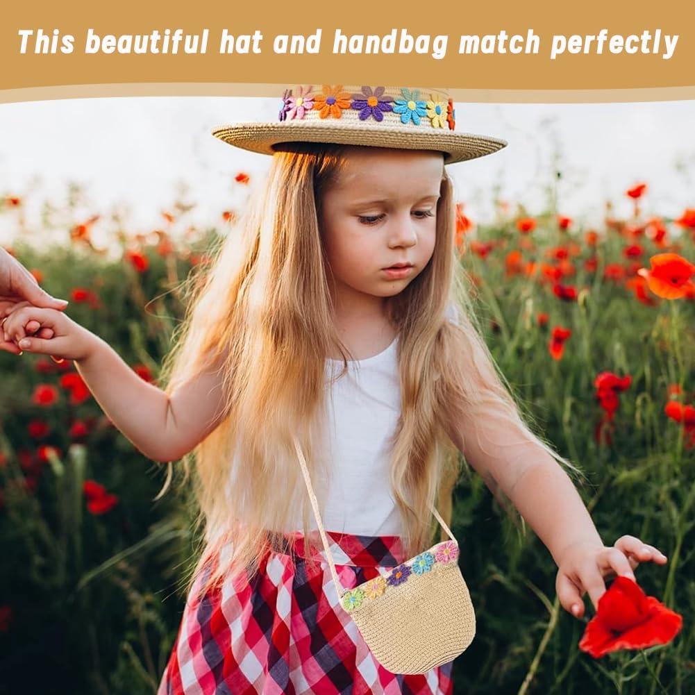 Chapeau de Soleil pour Filles Mini Sac de Paille, Petit Sac avec décoration de Fleurs Chapeaux de Paille de Plage d'été Chapeau de Soleil pour activités de Plein Air