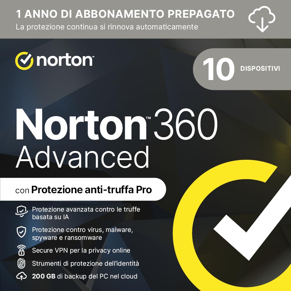 Norton 360 Advanced 2026 | Antivirus per 10 dispositivi | 200 Gb di backup | Licenza di 1 anno con rinnovo automatico | PC, Mac, tablet e smartphone | Codice d'attivazione via email
