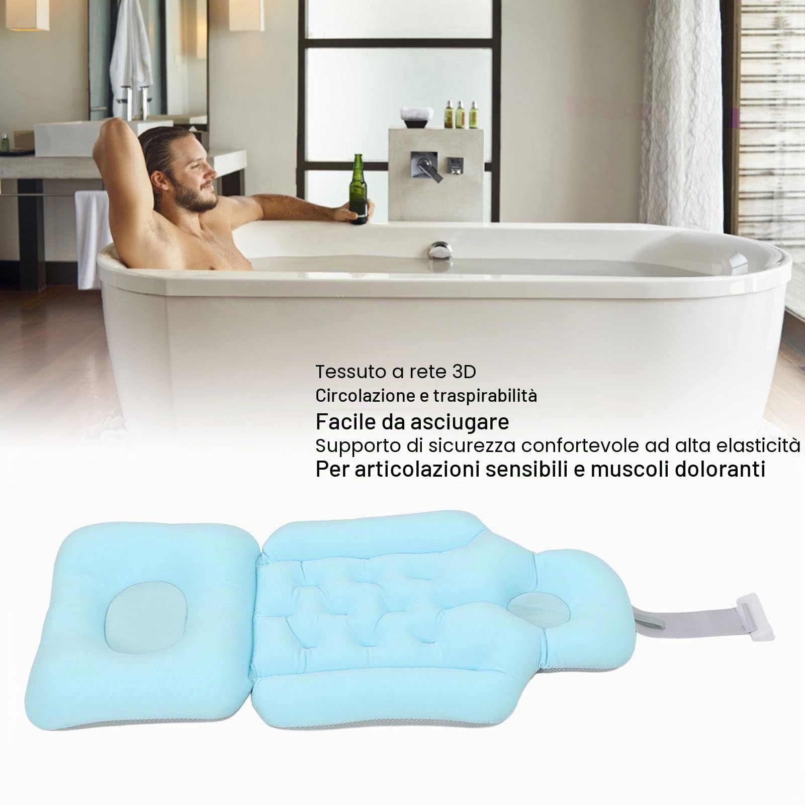 Cuscino per Vasca da Bagno, Tappetino Pieghevole Traspirante per Tutto il Corpo e Cuscino Poggiatesta per Donne e Uomini, Cuscino Vasca da Bagno 3D Mesh, per Vasca Idromassaggio e Spa (Blu)