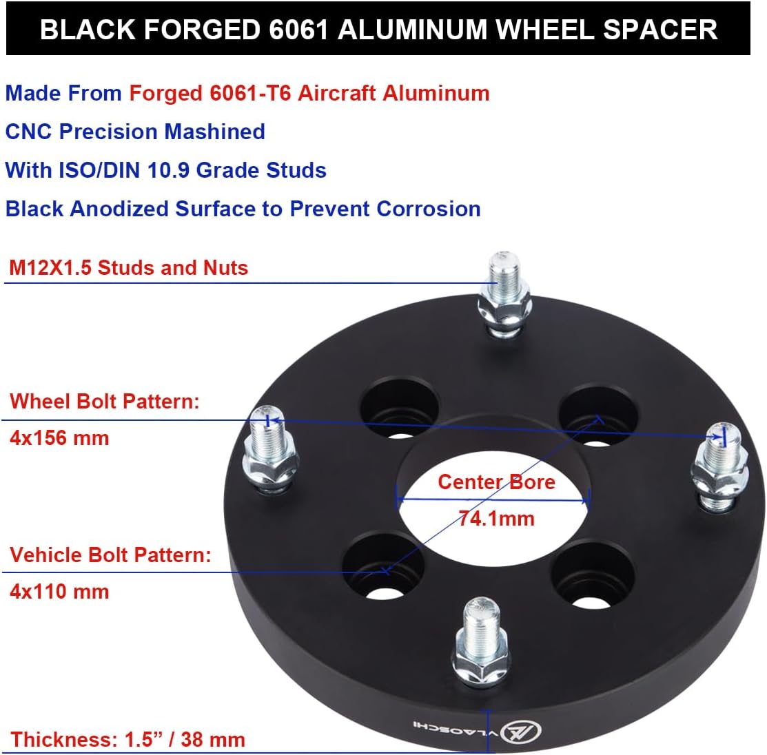 VLAOSCHI Black Forged 4x110 to 4x156 Wheel Adapters 1.5 Inch with 12x1.5 Studs Compatible with Honda-Suzuki-Yamaha-Kawasaki ATV Vehicle for Foreman Rincon Rancher Kodiak Grizzly King Quad - Pack of 2