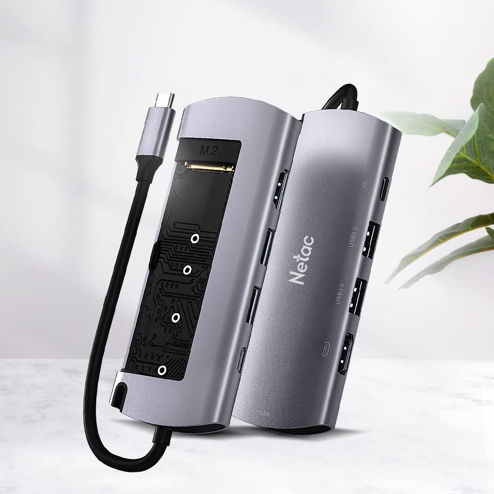 Netac Aluminiowa obudowa do M.2 SATA 6 w 1 - wejście (1xUSB-C, 1xPD Recharge), wyjście (2xUSB3.0-A, 1xHDMI, 1xRJ45, 1xM.2 SATA)