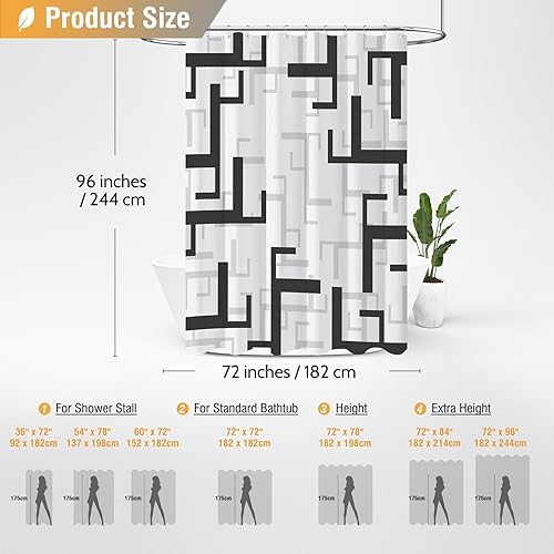 Miniatura 6 de BTTN Cortina de ducha extra larga de 96 pulgadas, 72 x 96 pulgadas de largo, juego de cortina de ducha geométrica impermeable con 12 ganchos,