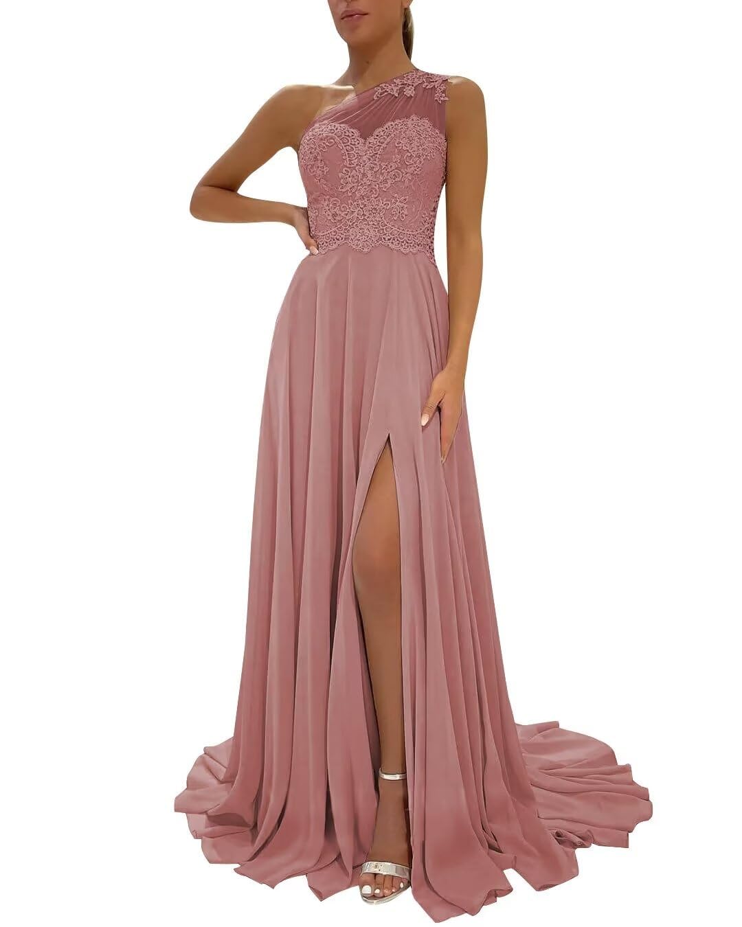 HPPEE Dusty Rose Formal Dresses for Women with Slit Long Chiffon A Line Lace One Shoulder Beach Bridesmaid Dress for Wedding UK18
