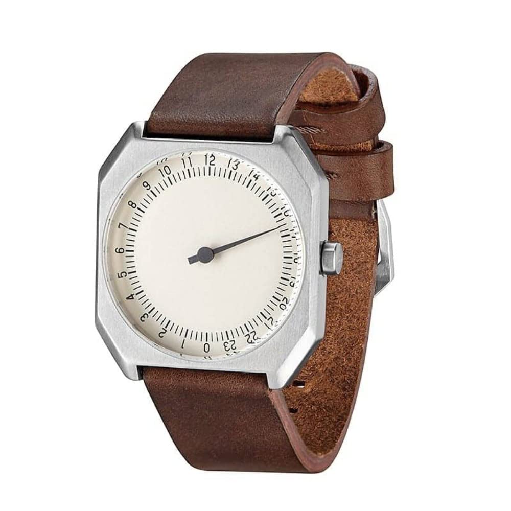 slow Jo 17 - Schweizer unisex Einzeigerarmbanduhr analoge 24 Stundenanzeige Leder silber / dunkelbraun