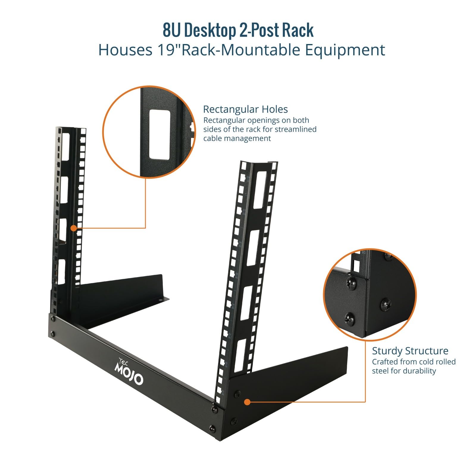 Tecmojo Rack da Tavolo 19 Pollici 8U 2 Montanti, Rack a Struttura Aperta per Apparecchiature AV, Nero