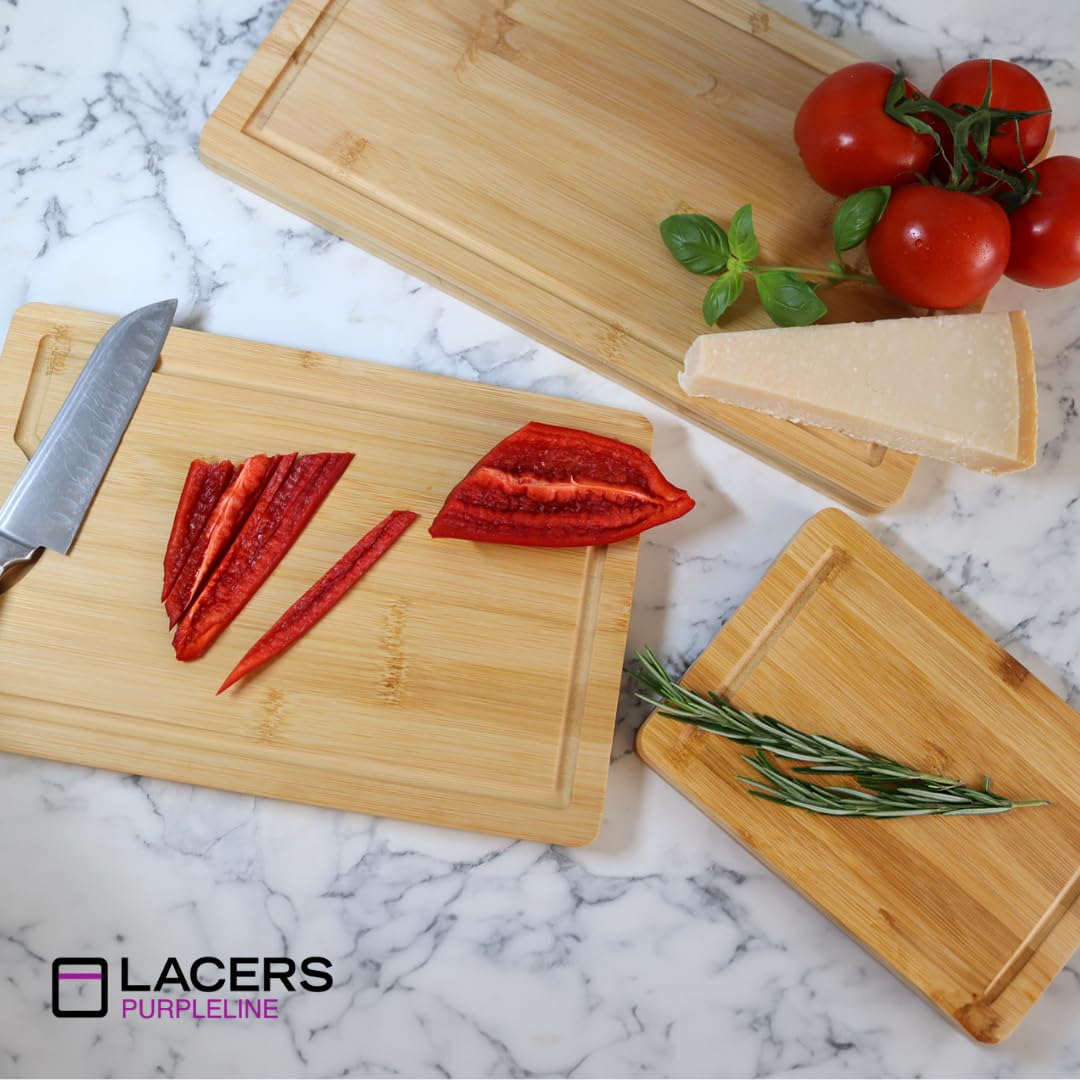 Lacers PurpleLine Tabla de cortar de madera de bambú, juego de 3 piezas, apto para lavavajillas, tabla de madera para cocina y desayuno, tabla de bambú, tabla para cubrir la estufa, tabla de cortar