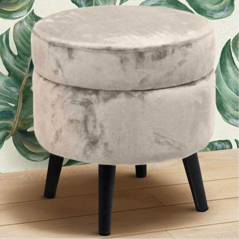 BAKAJI Pouf Contenitore Sgabello Cassapanca Poggiapiedi con Seduta Apribile in Tessuto Velluto Piedini in Legno Nero Design Moderno Dimensione 37 x 40 cm (Beige)