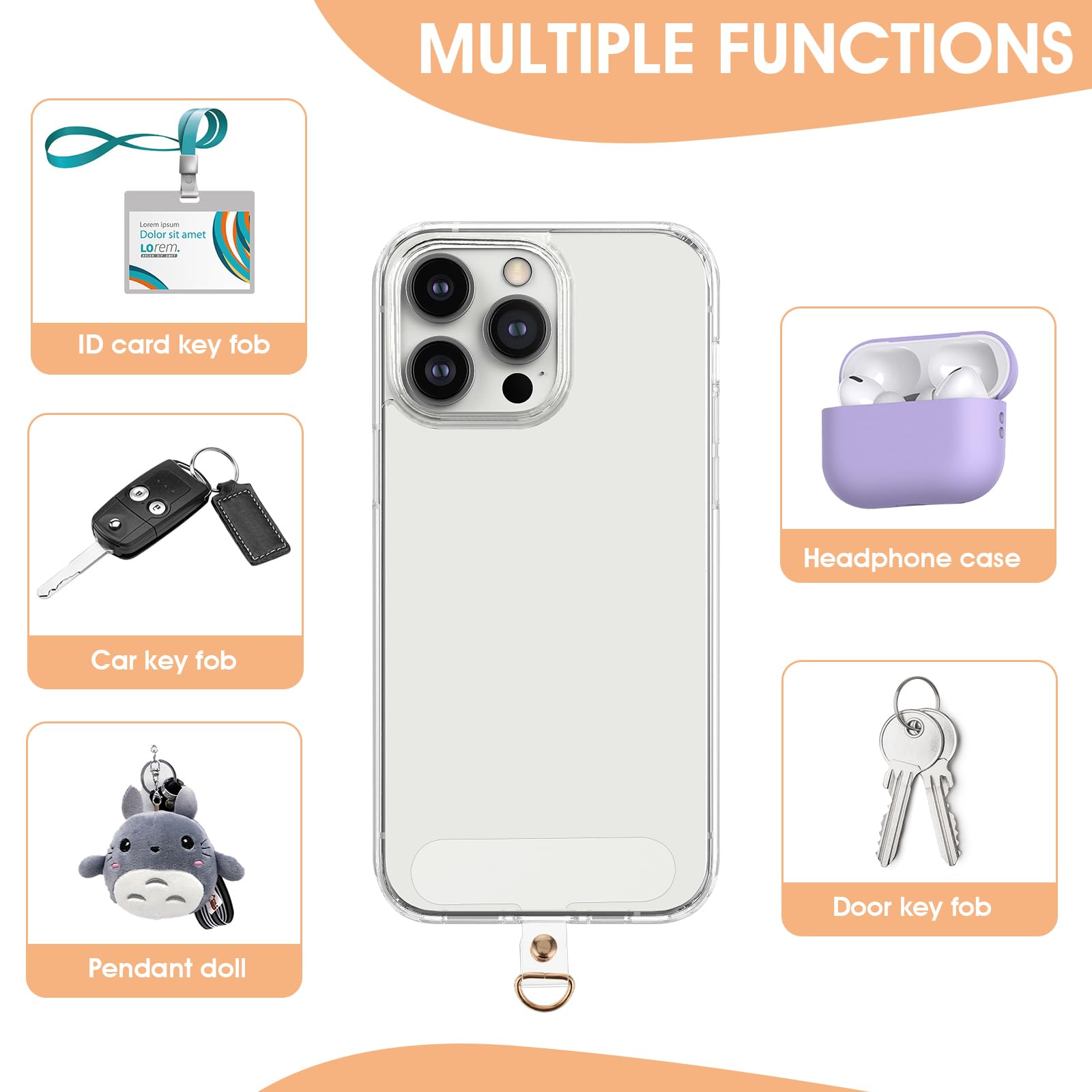 Supports Pour Chaîne De Téléphone - Lot De 6, Plastique Souple Ultra-fin (0.6mm), Avec Anneau Métal, Universel
