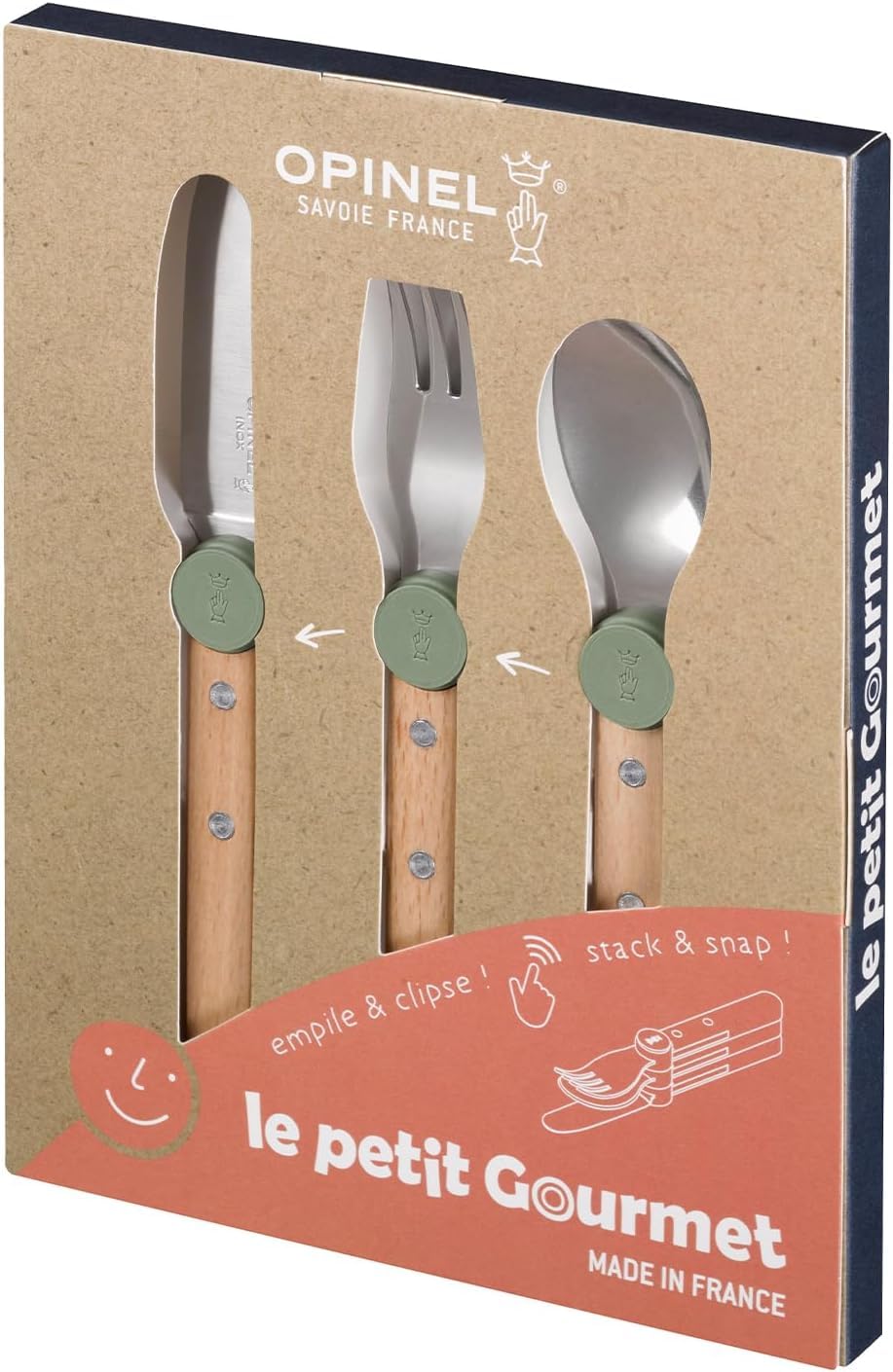 OPINEL Le Petit Gourmet Set de Couverts pour Enfants – Personnalisable avec Gravure – 4 pièces en Acier Inoxydable, idée Cadeau pour Naissance, baptême ou Anniversaire (Vert Olive)