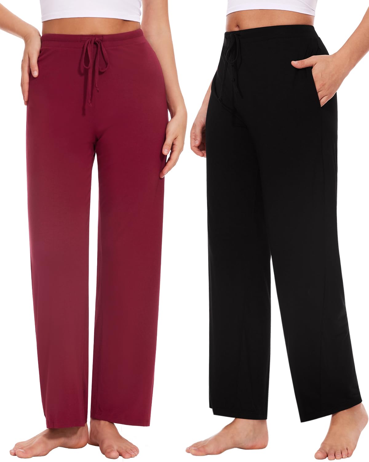 Knuffnee Damen Schlafanzughose Lang Pyjamahose Weiche Jogginghose Freizeithose mit Taschen 2 Pack