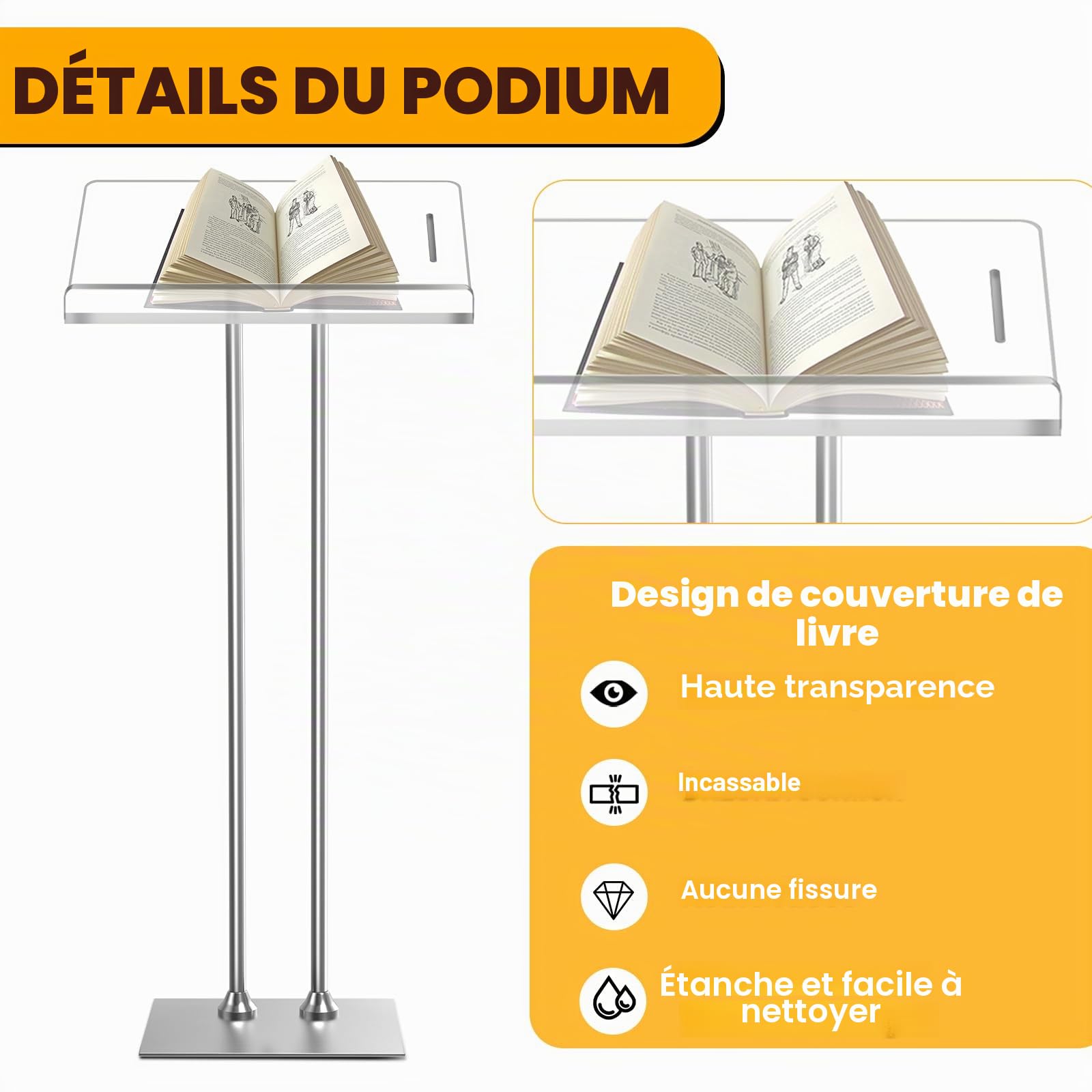 Afitdon Podium en Acrylique avec Fond Stable et Fente pour Stylo, pupitre d'église avec Plateforme de Lecture en Acrylique épais de 10 mm d'épaisseur, Support de Podium pour église, conférence