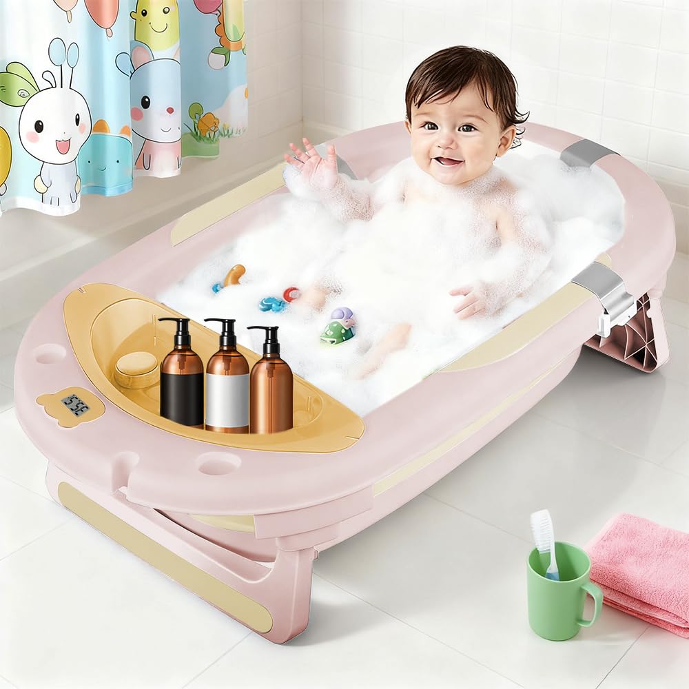 Bañera plegable para bebé con cojín de baño, ergonómica, antideslizante, para recién nacidos, bebés de 0 meses+, bañera termostática con alfombrilla de baño y gorro de ducha