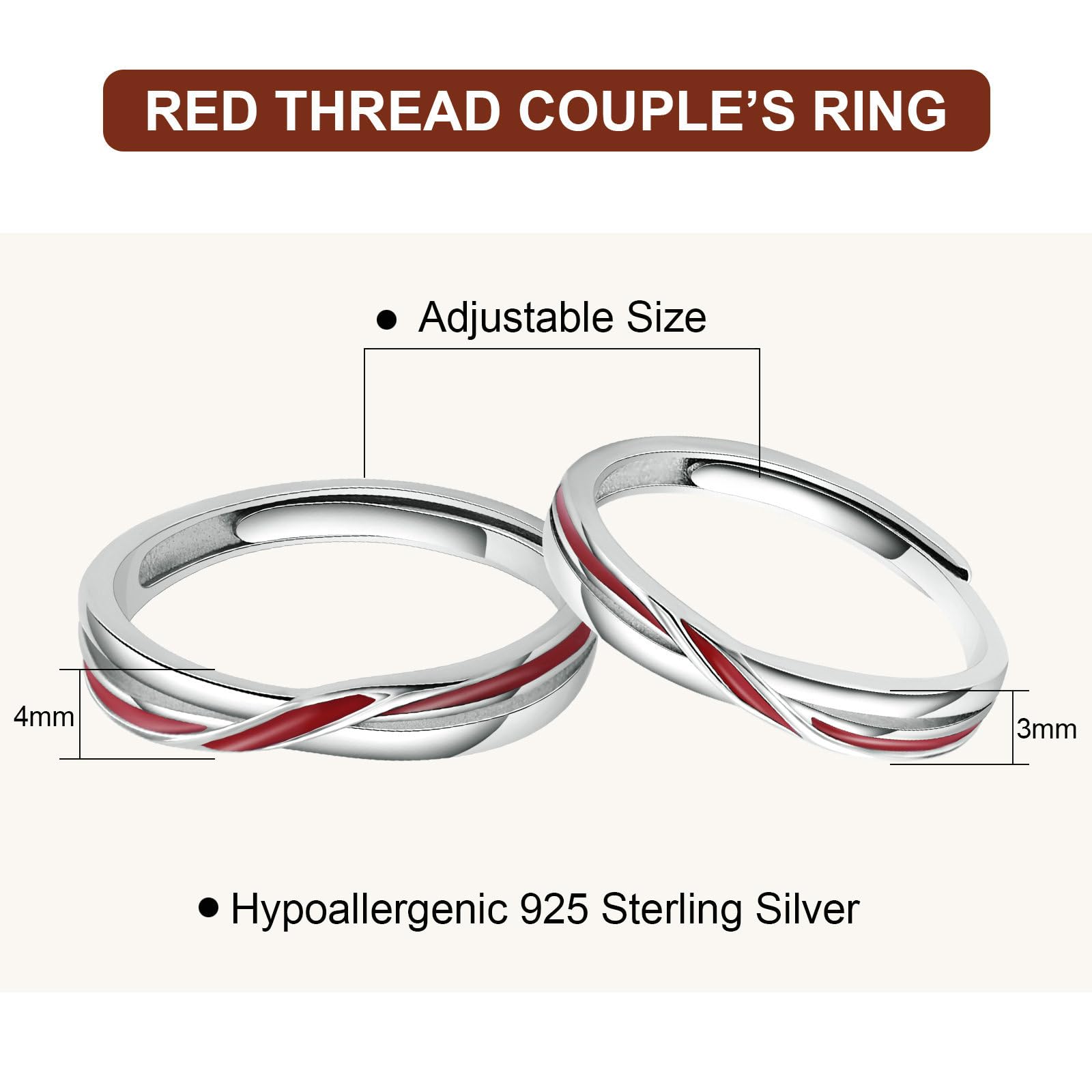 BCughia Anello, Anello Uomo Argento con La Linea Rossa Argento Sterling Nozze Anelli Regolabili per Uomo e Donna