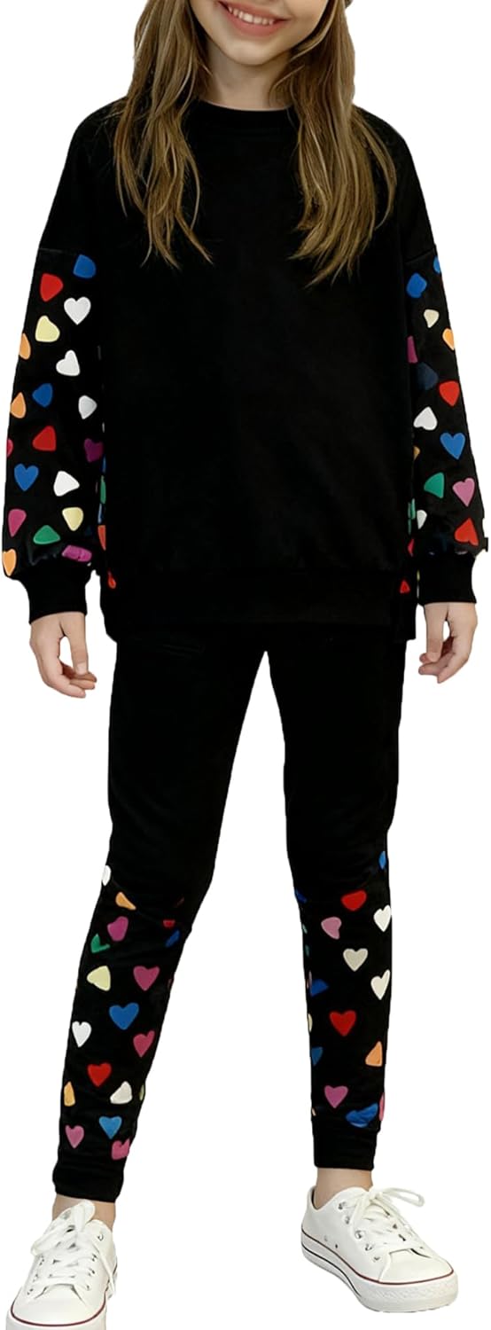 LecGee Girls Sweatshirt Set Casual Long Sleeve Teen Girl's Fall Pullover Legging Pants Printed 2 Piece Outfit for 4-15Y