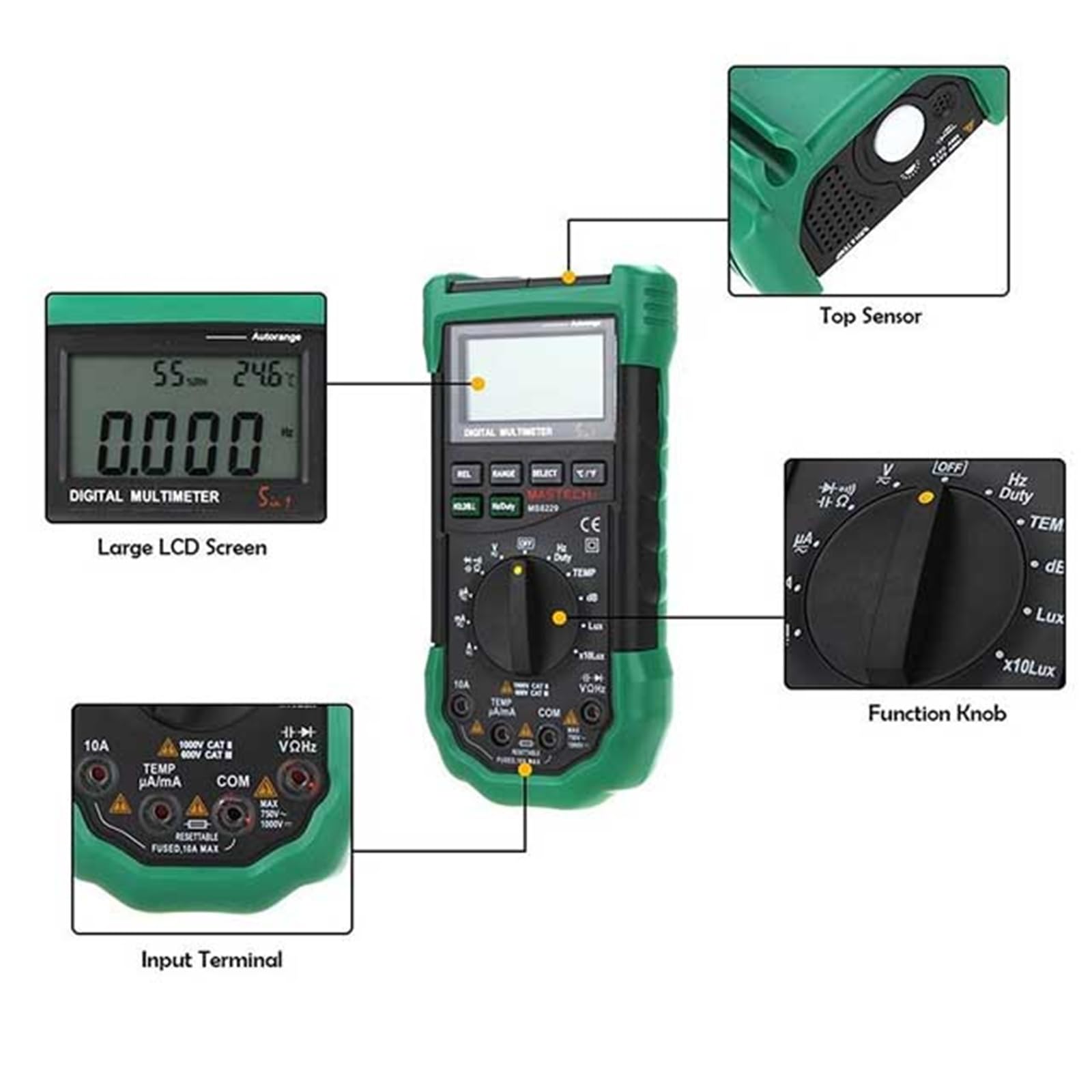 Multimetro digitale 5 in 1, tester auto-range per tensione AC DC, lux, livello sonoro, temperatura, umidità con display retroilluminato, ideale per riparazioni elettriche fai da te