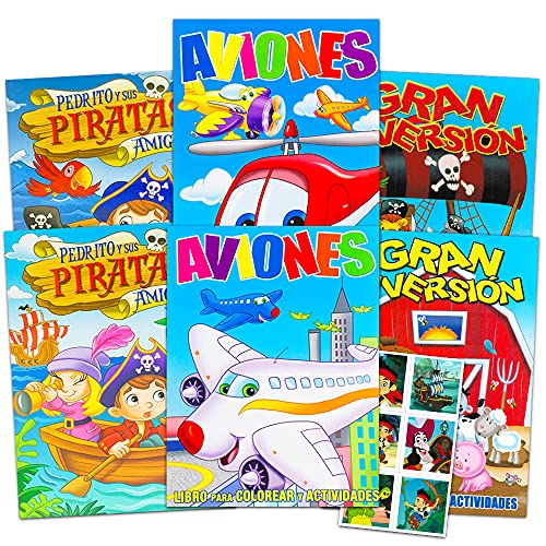 Spanish Pirates, Animals, and Cars 6-piece Coloring Book Set with Bonus Planes Stickers ~ Libros para Colorear de 6-piezas Piratas, Animales y Automoviles con Bonificaciones de Calcomanías