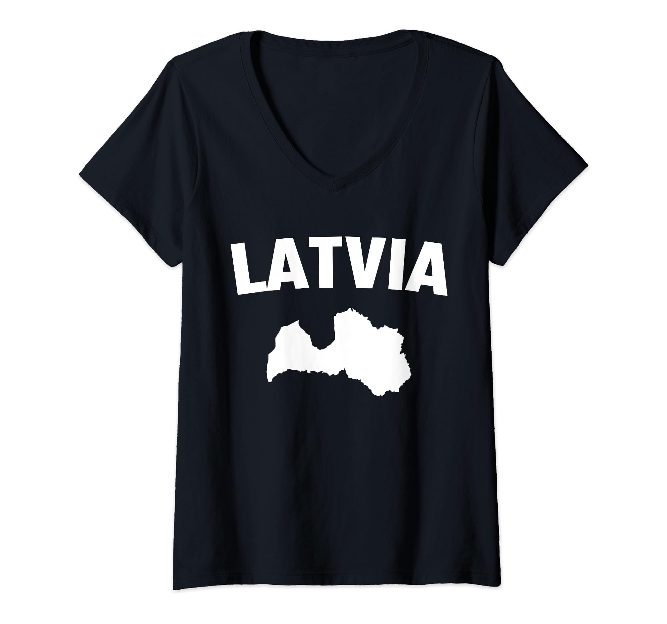 MASH MOSHWomens Isolated white silhouette of a map of Latvia V-Neck T-Shirt