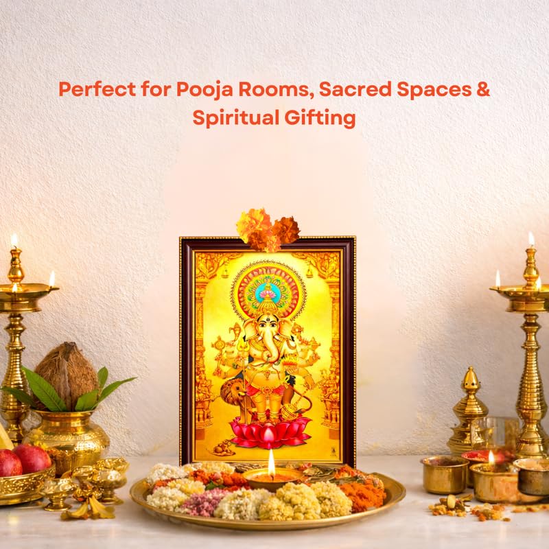 Image of Paramporul Gallery Ganesha Vinayagar Gold Foil Photo Frame for Pooja Room, Hindu God Wall Decor, Ready to Hang, 10x14 Inch
