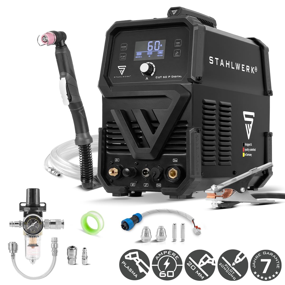 STAHLWERK Plasmaschneider CUT 60 P Digital – Plasmaschneidgerät mit 60 A, Schneidleistung bis 20 mm, Inverter Plasma Cutter mit HF-Pilotzündung, THC-Schnittstelle für CNC-Höhenregelung