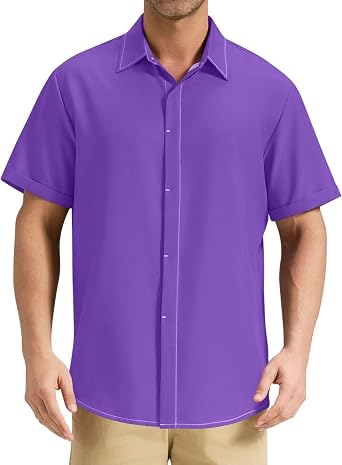 Mens Button Down Shirts Short Sleeve Purple Elegant Wrinkle Free Hawaiian Shirt Casual Vacation Office