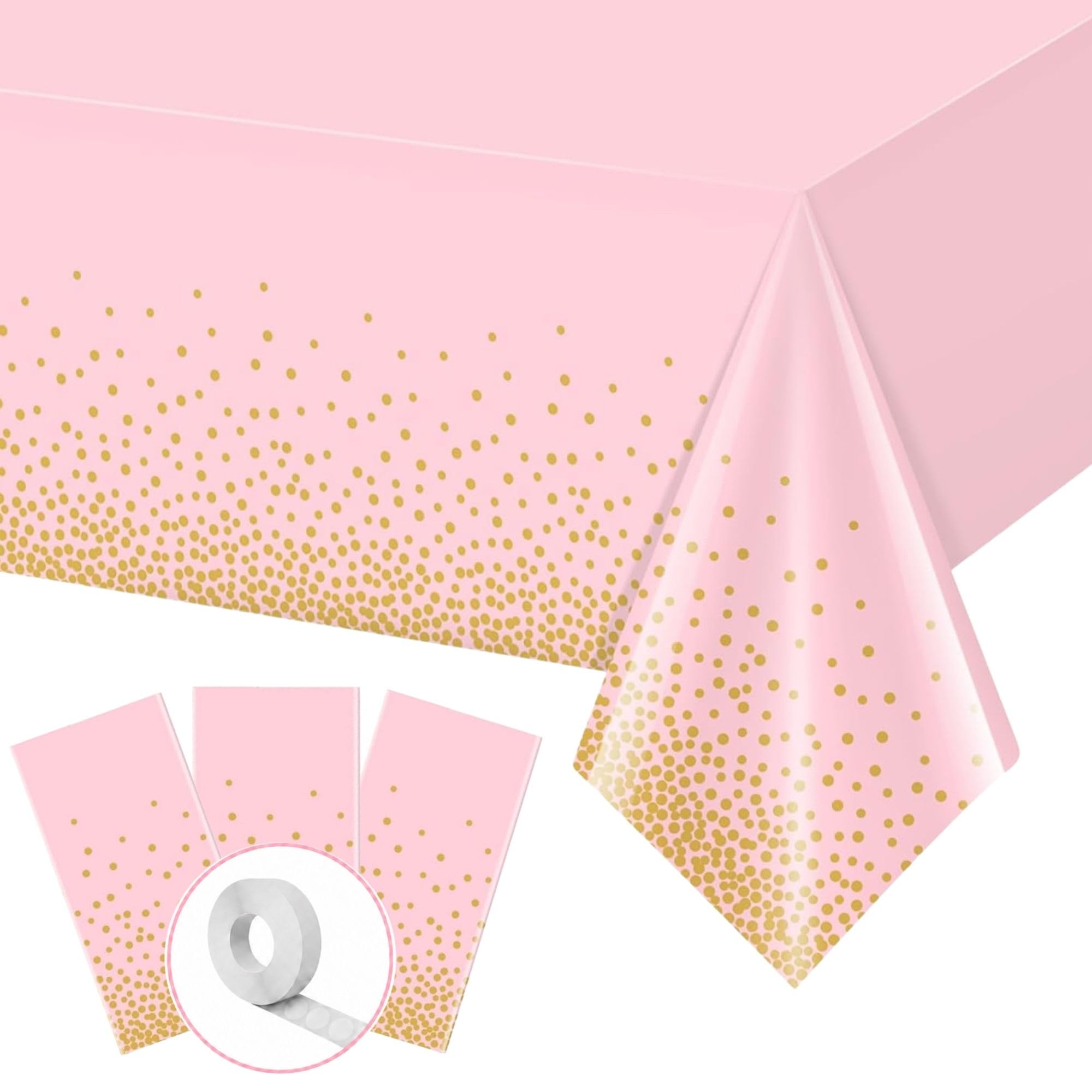 Blue Orchards Pink and Gold Dots Table Cover (Pack of 3 with 20 glue dots) - 54"x108" XL - Baby and Bridal Shower Disposable Tablecloth, Wedding, Graduation Decoration, Picnic, Birthday Party Supplies