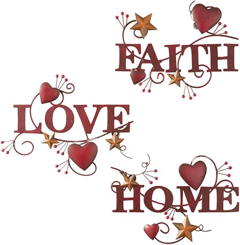 Collections Etc Red Home, Love and Faith Metal Wall Art - Set of 3