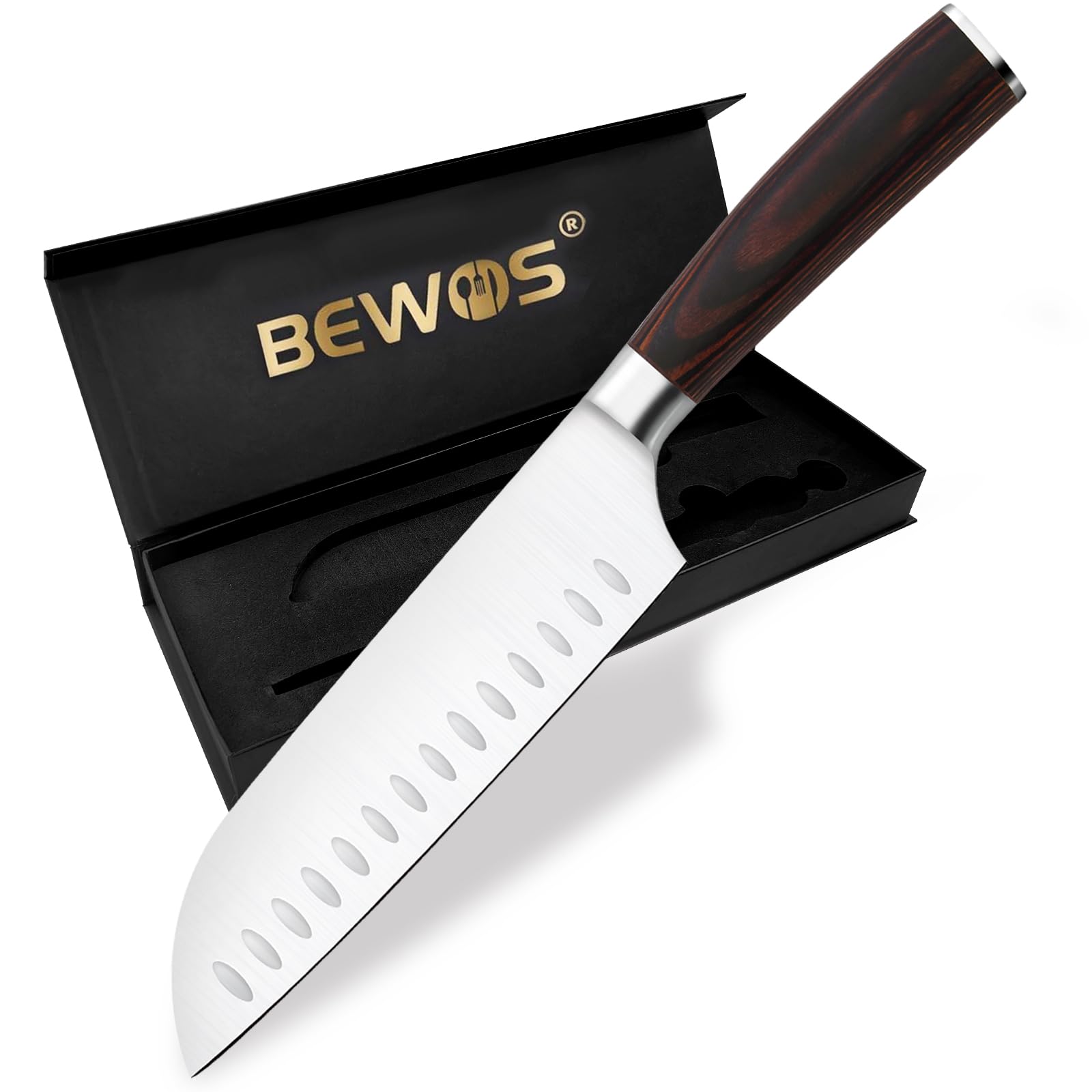 BEWOS 7-Inch Santoku Knife, Stainless Steel Professional Chef's Knife with Honing Rod, Ultra Sharp, Ergonomic Pakkawood Handle, Gift Box