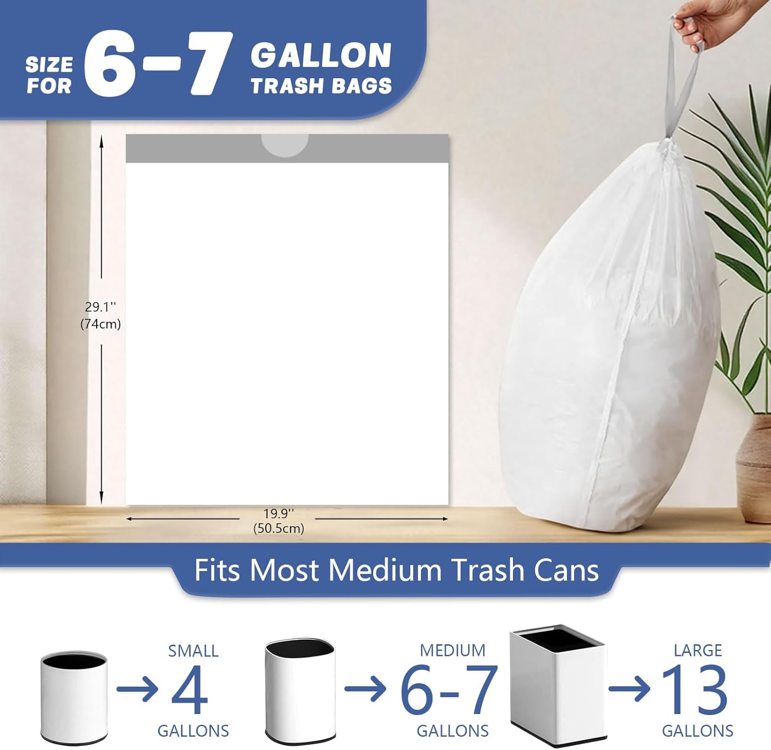 270 Count Heavy-Duty Trash Bags, Compatible with 6-7 Gallon Trash Can, Pre-Separated Drawstring Kitchen Garbage Bags, Ideal for Home & Office, 19.9 x 29.1 Inches, 6 Rolls, White