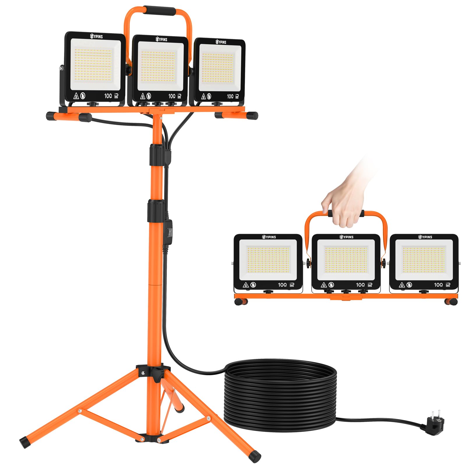 EYPINS 3×100W Foco LED de Trabajo con Trípode Telescópico 1.65m 28500LM | IP66 Impermeable, 3 Temperaturas de Color(3000K/5000K/6500K),5m Cable,Rotación 360°, Construcción Taller Reparaciones Jardin