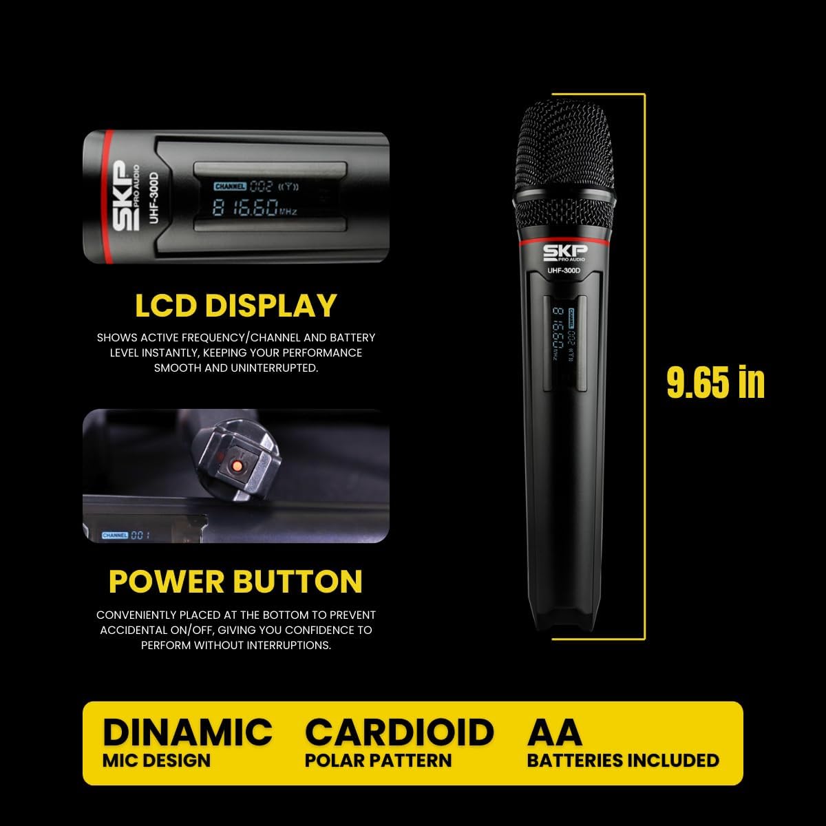 UHF-300D Wireless Microphone System – Dual Handheld Cordless Mics with AA Batteries, 200ft Range, LCD Display, for Singing, Karaoke, Church, DJs, Stage Events - Dynamic mic