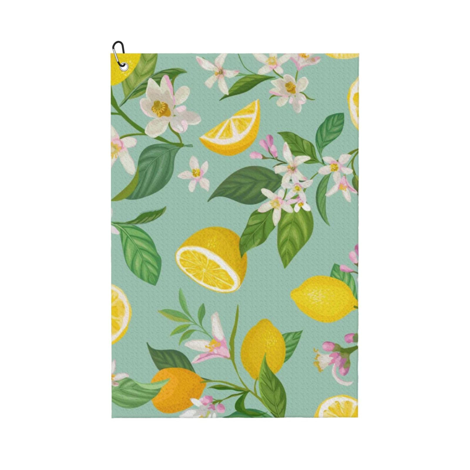 Hnnkloy Teal Lemon And Leaf Printed, 16x24 in Portable Waffle Golf Towels with Carabiner Clip for Golf Bag