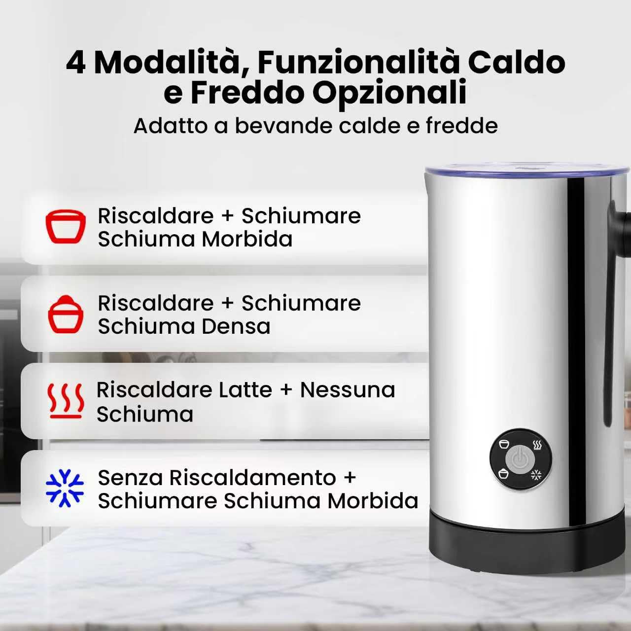 Montalatte Elettrico 4 in 1, Cappuccinatore Elettrico per Schiuma Calda e Fredda, Scaldalatte in Acciaio Inossidabile con Rivestimento Antiaderente, Macchina per Caffè, Cioccolata Calda (300ML)