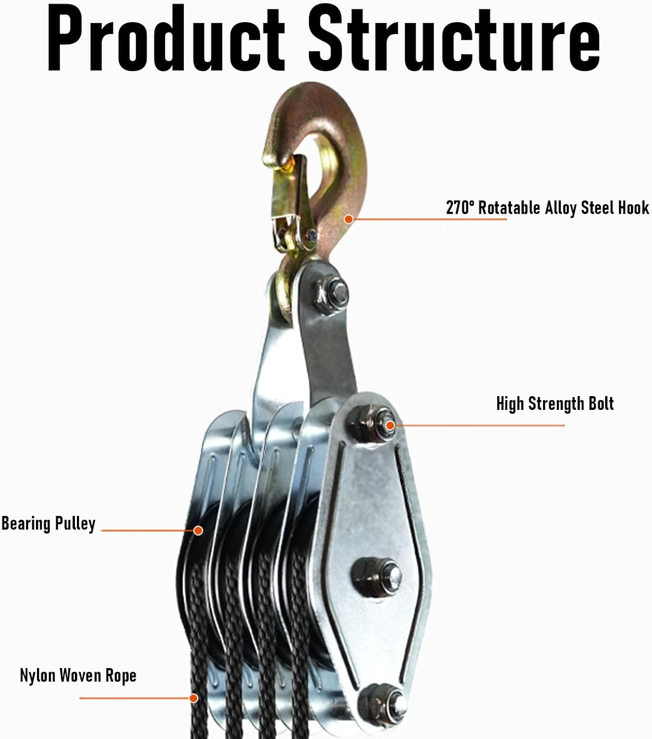 Fafeicy Heavy Duty Pulley System 660lbs Load 3 Pulley 15M Nylon Rope Black for Garage Warehouse Lifting by Mechanics