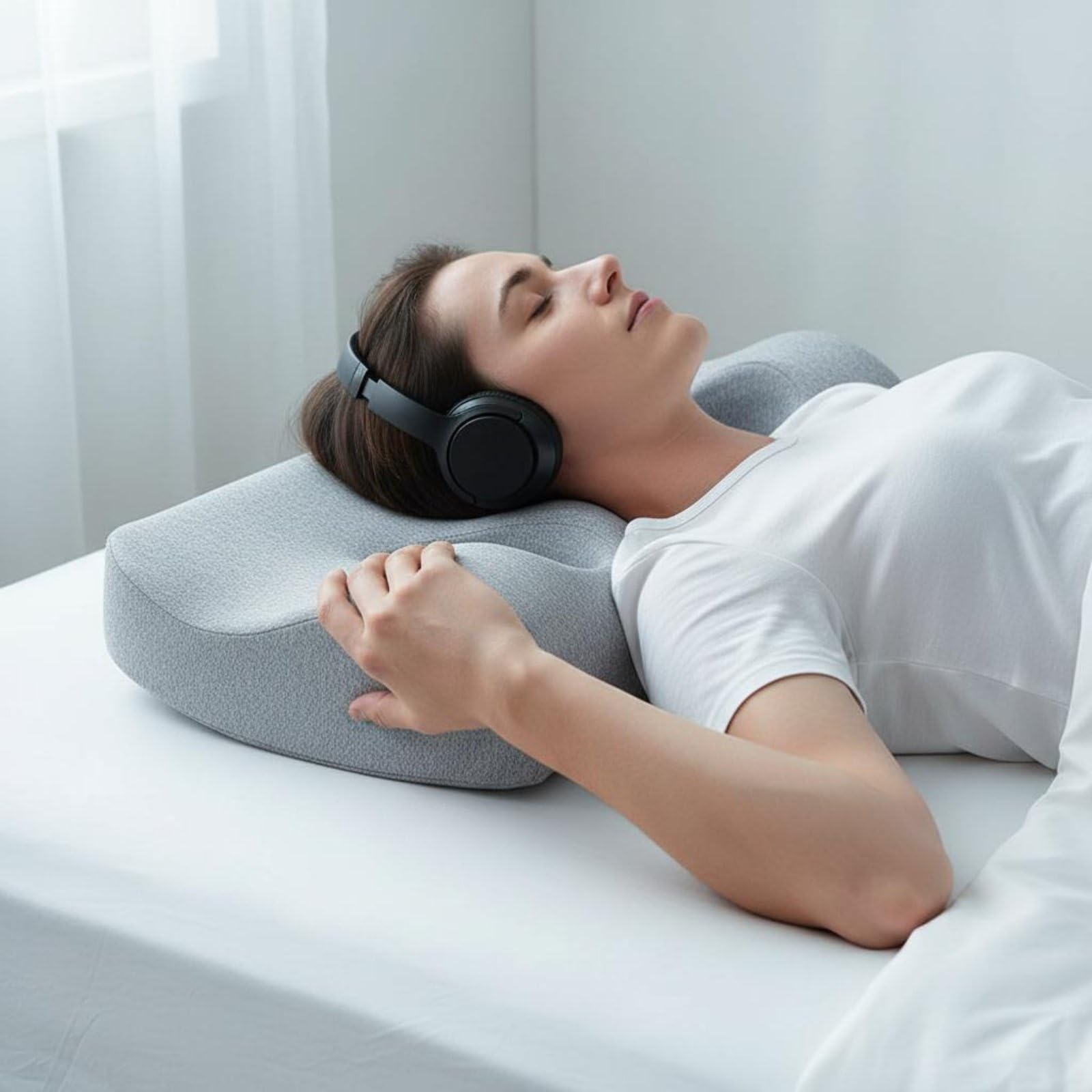Almohada de Espuma Viscoelástica Almohada para Dormir con Auriculares Cojín Cervical Almohada con Orificio Auricular Orejera para Siesta Material de