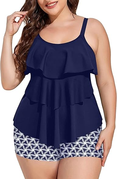 Yonique Women's Plus Size Tankini Swimsuits with Shorts Two Piece Bathing Suits Ruffle Swimsuits Tummy Control Swimwear