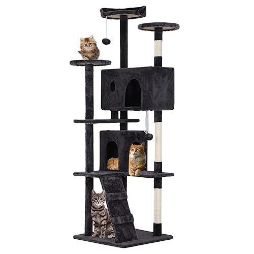 FDW | 70" Cat Tree Tower | Dark Gray | Multi-Level Indoor Activity Center with Sisal Scratching Posts, Condos, Plush Perches, Hanging Cat Toys | Sturdy, Easy to Assemble | for Kittens & Adult Cats - Dark Gray - 70in