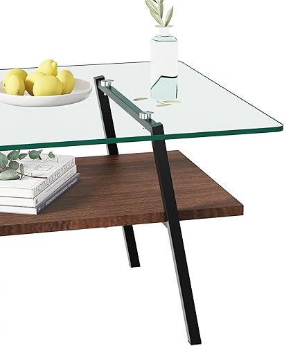Miniatura 39 de Mesa de centro de cristal para sala de estar, mesa de centro de 2 niveles de mediados de siglo, mesa central con parte superior de vidrio templado