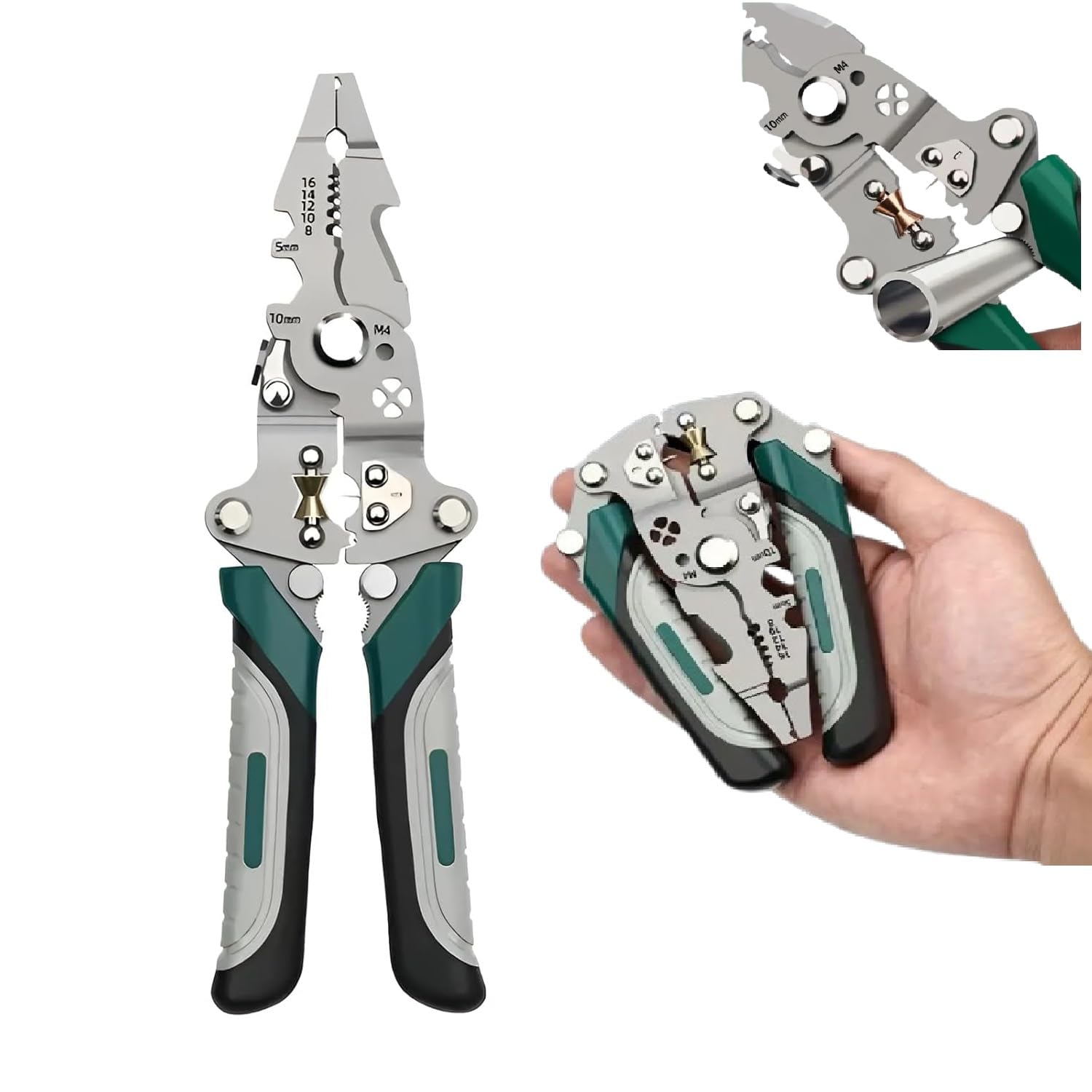 All in 1 Multifunction Stainless Steel Wire Stripper/Wire Crimping Tool, Wire Cutter, Wire Crimper, Cable Stripper, Wiring Tools and Multi-Function Hand Tool (Green wire)
