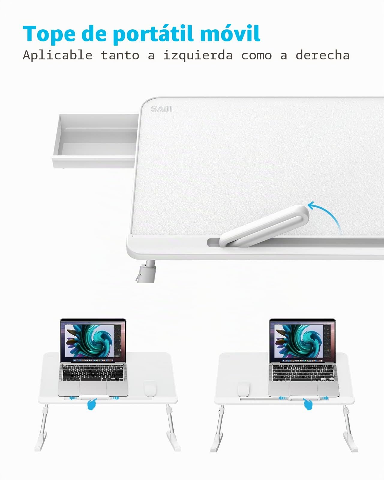 SAIJI Mesa para Ordenador portátil de Cama, Mesa Ajustable, Bandeja de Almacenamiento, Patas Plegables de Trineo y Tablero de Piel PVC (Blanco)