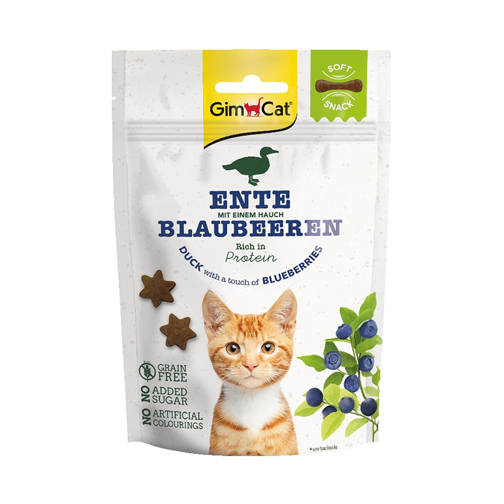 GimCat Soft Snacks pato con arándanos azules - Golosina para gatos blanda, rica en proteínas y sin azúcar añadido - 1 bolsa (1 x 60 g)