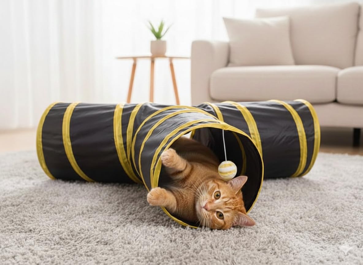Pets Crew Cat Tunnel for Indoor Cats - 3-Way Collapsible Interactive Toy with Peek Hole & Dangling Ball - Durable Pop Up Play Tunnel for Kittens, Puppies, Rabbits & Small Pets - 25cm (Yello & Black)
