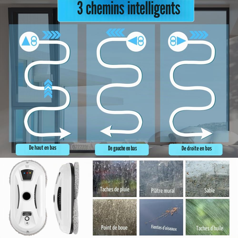 Robot Laveur de Vitre, Lave Vitre Automatique, Aspiration 5600 Pa, Nettoyage Intelligent des Chemins, Détection de Bords Anti-Chute, pour Fenêtres Intérieures et Extérieures