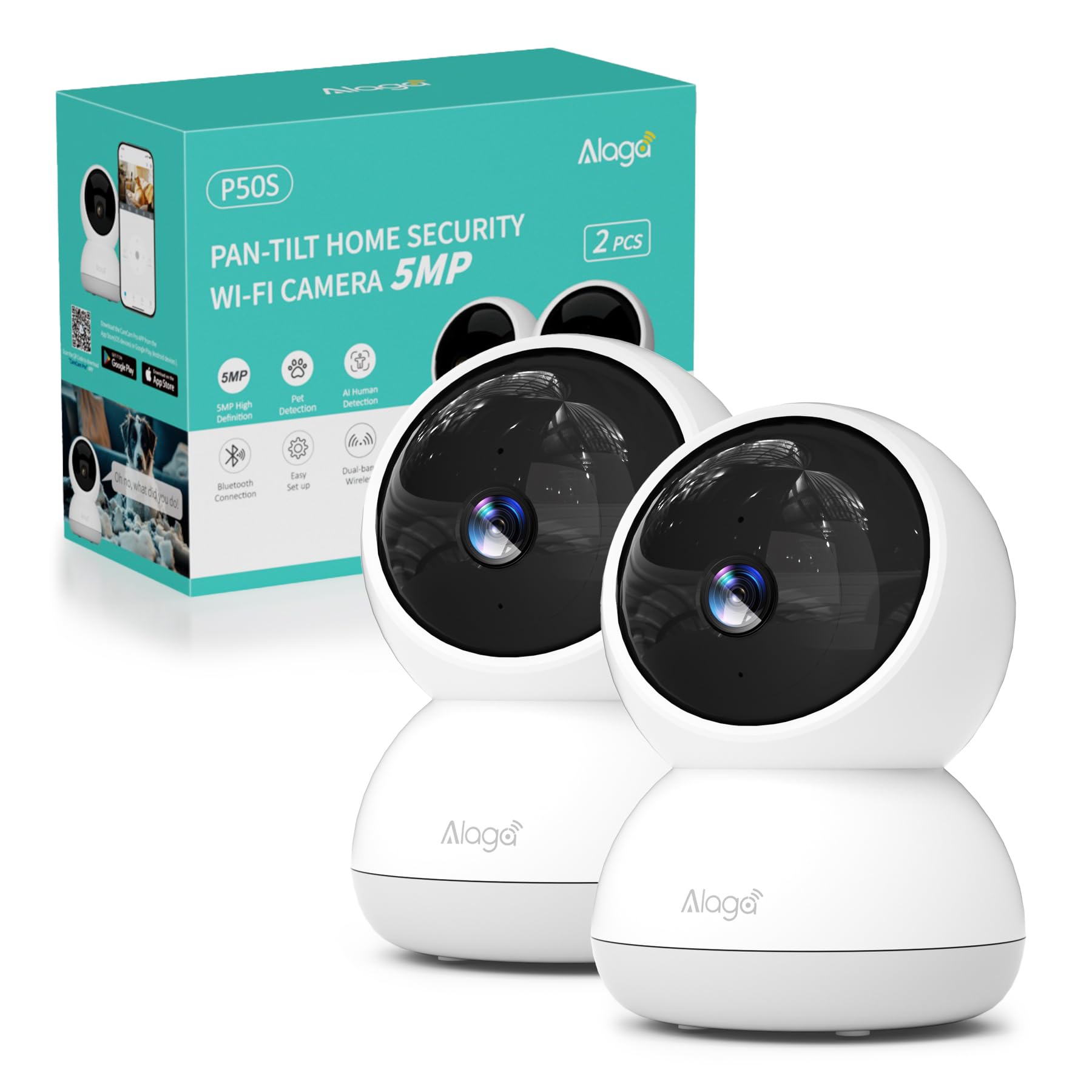 Alaga Telecamera Wi-Fi Interno 3K, Videocamera Sorveglianza, 5G, AI Rilevamento del Movimento, Visione Notturna, Compatibile con Alexa e Google Assistant, 2PACK(Include 3 mesi di archiviazione cloud)