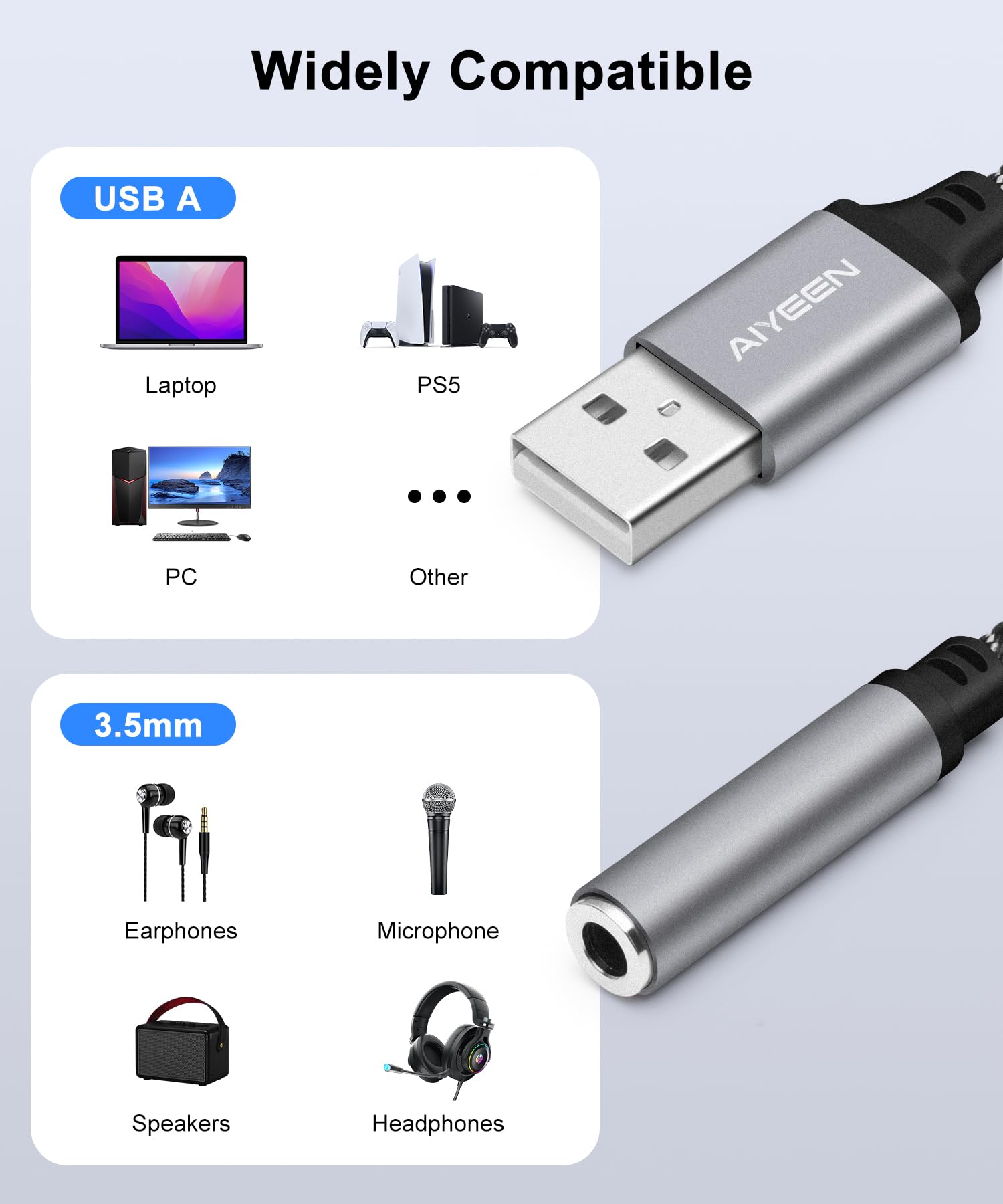 Cavo adattatore audio da USB a femmina da 3,5 mm, convertitore stereo da USB maschio a jack AUX intrecciato in nylon da 15 cm con chip ad alta risoluzione, per cuffie, AUX per auto (grigio)