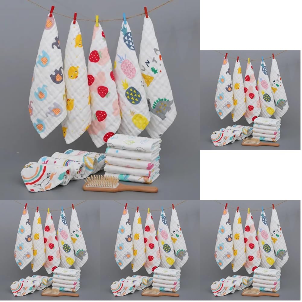 Little Boo Muslin 6 Layer Cotton Face Towels for Newborn Baby Extra Soft Hankies Reusable Napkins for Infants Toddlers/Kids (Pack of 25) White Printed.-image-39