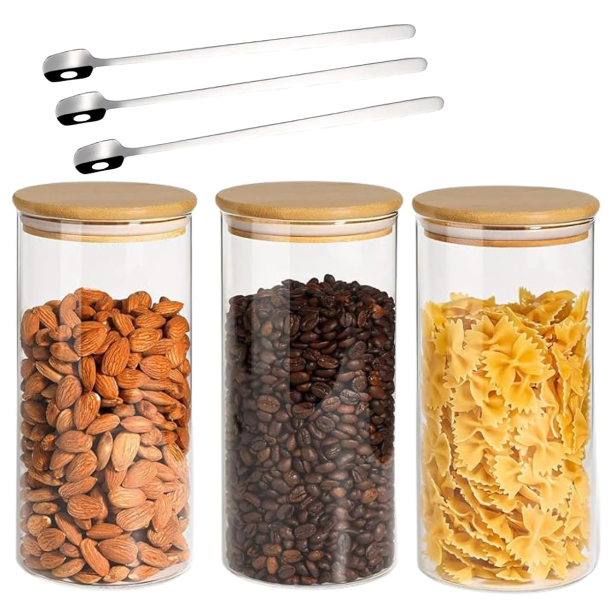 1CHASEBorosilicate Glass Food Storage Jars, Air Tight Kitchen Food Storage Container Set with Natural Bamboo Lids / 3 pcs Spoon for Candy Cookie Rice Sugar Flour Pasta Nuts,1200 ML 3Pcs Set (3)