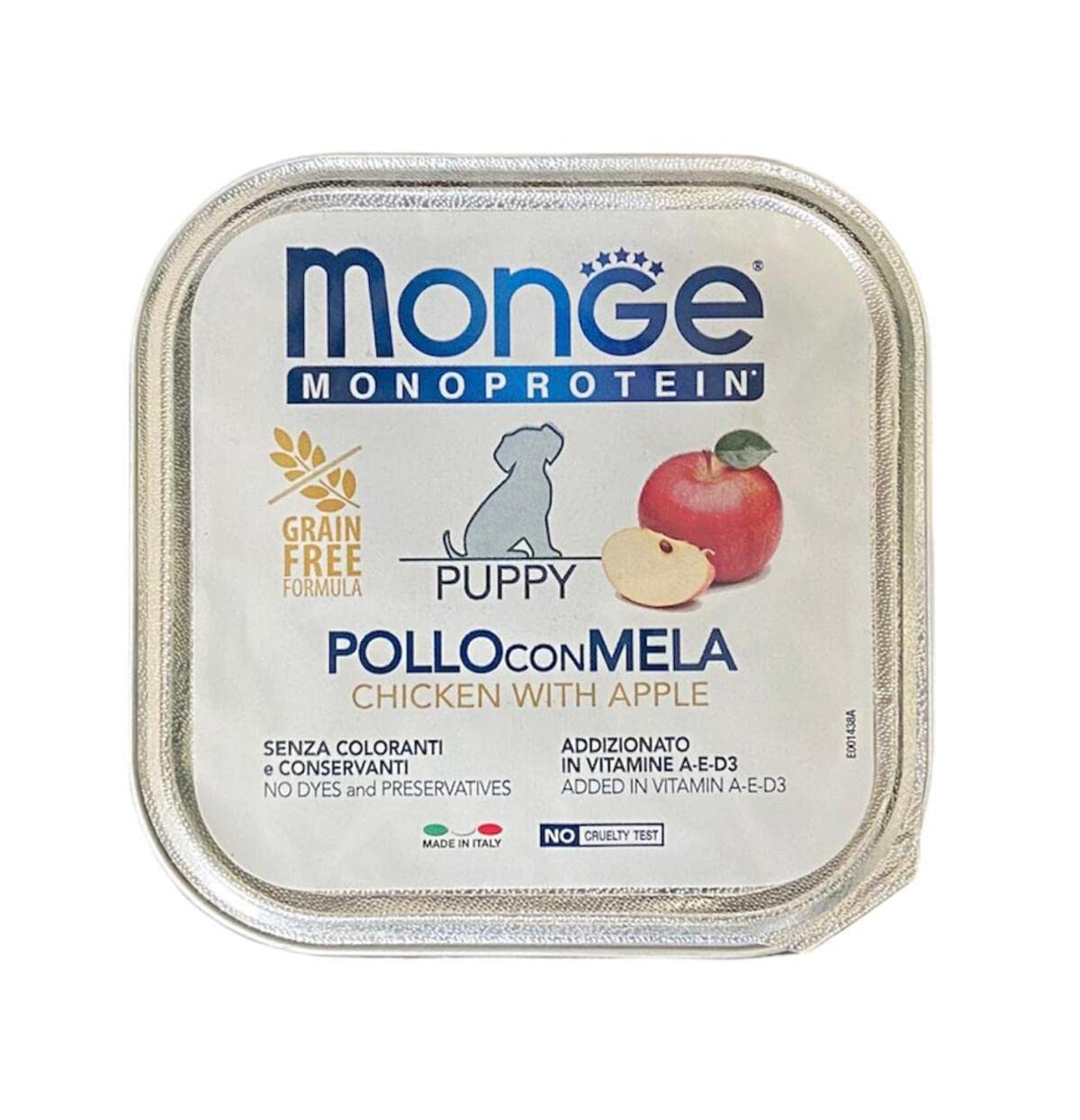 Monge Monoprotein Puppy Cibo umido per Cane Pollo con mela, senza coloranti, conservanti e zuccheri aggiunti. Confezione da 24 vaschette (1 = 150gr.)