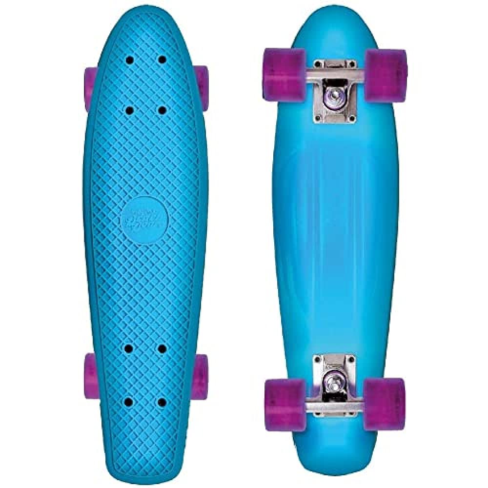Street Surfing Beach Board Glow Blue Complete Plastic Mini Cruiser Retro 22” Skateboard for Kids Teens Adults - Intermediate and Beginner Skate for Boys and Girls with Light Up Wheels (Glow Blue)